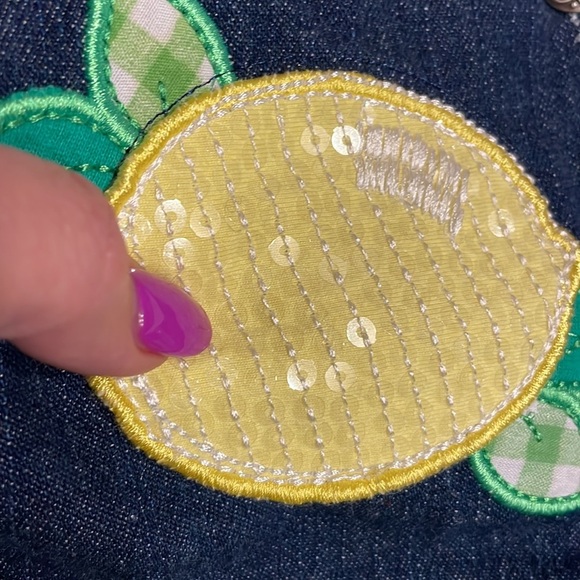 Baby girl 12 M shortalls sequins lemon appliqué / attached green check tie belt - Picture 2 of 11